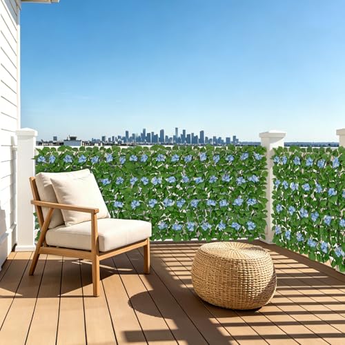 Expandable Fence Privacy Screen with Artificial Flower, Faux Privacy Fence Panel Artificial Green Wall Balcony Garden Patio Privacy Screen, Single Sided Leaves (Blue Hydrangea, 1 Pack) - color: Blue Hydrangea, size: 1 Pack