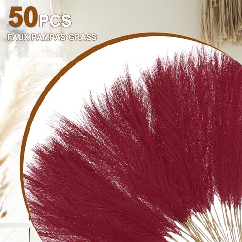 uxcell 50 Pcs Faux Pampas Grass 52cm/20.5" Artificial Fake Dried Pampas Grass Decor with Stem for Floor Vase Filler, Wedding Decoration, Home Decoration, Wine Red - color: Wine Red