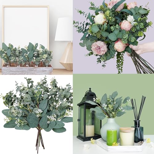 12PCS Mixed Artificial Eucalyptus Leaves Stems Bulk Faux Greenery Spray with White Seeds for Wedding Bouquet Garland Floral Arrangement Decoration (12, Green)