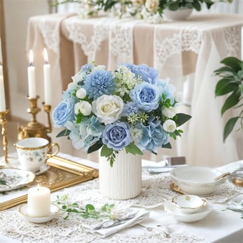 4 Pcs Mixed Artificial Peony Flowers Set-2 Bouquets & 2 Stems, Blue Fake Peony Rose Hydrangea Flowers for Vase Silk Floral Arrangements for Table Centerpiece Wedding Party Bridal Decoration Home Decor - color: Blue, size: Mixed 4pcs