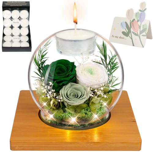 Preserved Green Real Rose in Glass with Scented Candles – Forever Flower Romantic Anniversary Christmas Birthday Valentines Mothers Day Gifts for Mom, Women, Wife, Girlfriend, Her, Grandma - color: Green