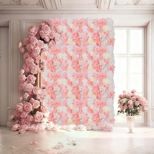 12-Pack Flower Wall Panels, 15x15 Inch Artificial Silk Rose Backdrop 3D Silk Hydrangea Rose Floral Panel for Photo Background Home Party Wedding Backdrop Decoration - color: Pink