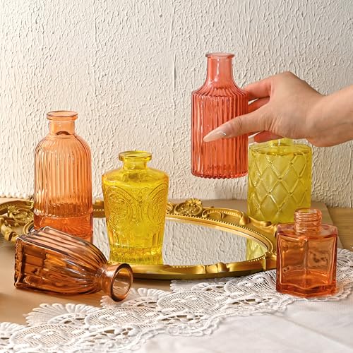 30Pcs Colored Glass Bud Vases, Wedding Table Decor, Bulk Housewarming Gift | Colored bud vases in bulk, Rustic embossed,Vintage-styled glass vases for centerpieces,15 unique vintage styles(2 per design) - color: Orange Yellow Series
