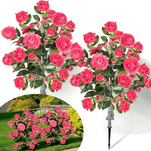 Lunmon 2 Pack 3ft Artificial Camellia Plants Tree 36" Faux Camellia Flower with Spike UV Resistant Realistic Fake Floral Blooming Bush for Indoor Outdoor Front Door Porch Backyard Garden, Rose Pink - color: Rose Pink, size: 3 ft