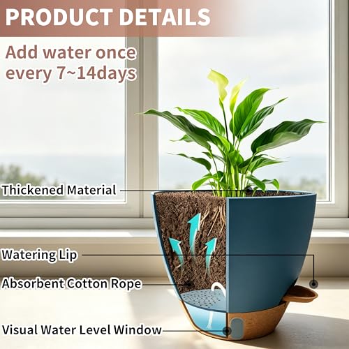12"/10"/9"/8" Self Watering Pots with Visual Water Window,Extra Large Self Watering Plant Pots with Drainage Holes & Saucers,Blue Planters for Indoor Plants,4-Pack - color: Blue