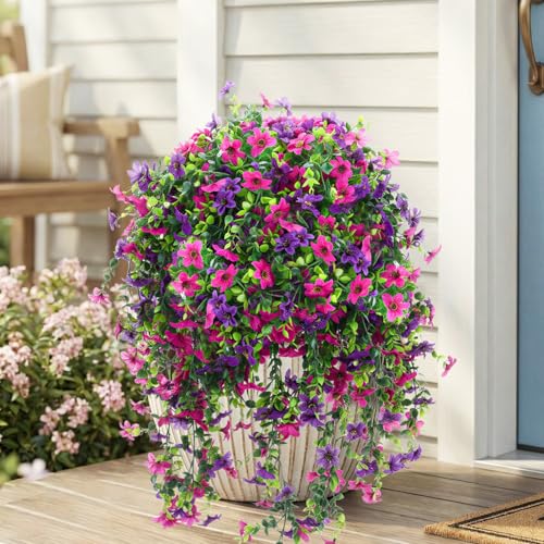 CEWOR 4pcs Artificial Hanging Plants for Outdoor, Fake Flowers Faux Silk Daisy with Eucalyptus, UV Resistant Realistic Faux Flower Greenery for Outside Indoor Home Porch Patio Decor, Purple - color: Purple Daisy