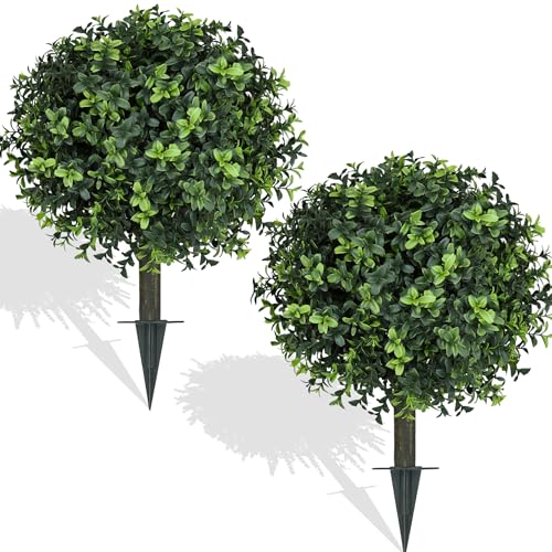 Muhanjia Artificial Boxwood Topiary Ball,Set of 2,UV Resistant Artificial Shrub Bushes with Ground Spike,Fake Evergreen Plant Easy to Insert in Ground for Porch Outdoor Indoor (Boxwood) - color: Boxwood