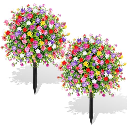 ENVEN Artificial Boxwood Topiary Ball Trees with Ground Spikes UV Resistant Faux Greenery Shrubs Fake Shrubs for Outdoors, Realistic Faux Plants Bushes for Garden Porch Yard Patio Decor (Multi) - color: Multi Color