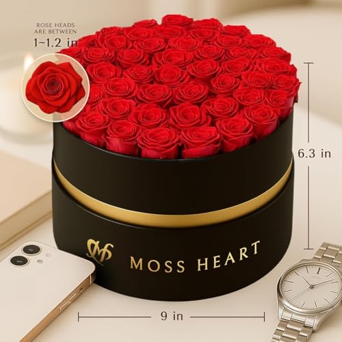 50 Petite Preserved Roses, Designer Round Box, Real Forever Roses Last 1+ Year, Premium Gift for Women, Wife, Girlfriend, Mother’s Day, Birthday, Anniversary, Valentine’s Day - color: Red, size: 50 Roses