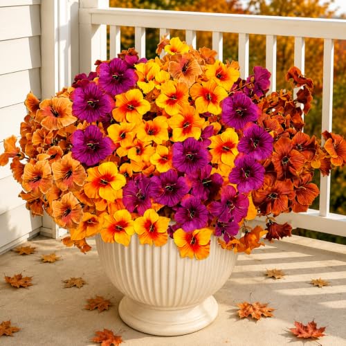 Geegoods Artificial Fall Flowers for Outdoors, 12 Bundles Fake Petunias | UV resistant realistic silk blooms for pots, patios, porches and front yard decor - color: Mix 4 Colors, size: 12 Bundles-Small Petunias
