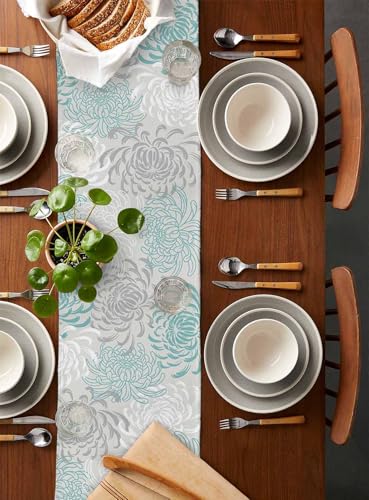 PIEPLE Aqua Chrysanthemum Flowers Table Runner-Cotton Linen-Long 13x90inches Dresser Scarves,Floral Grey Tablerunner for Kitchen Coffee/Dining/End Table Bedroom Living Room,Scarf Decor for Holiday - color: Texturezld5372, size: 13x90 Inch