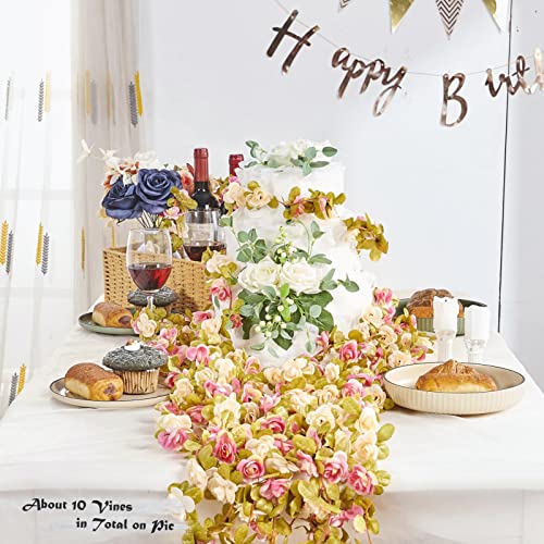 PONKING 8 Pcs x 8.2 ft Flower Garland Artificial Rose Vine Flowers with Green Leaves Hanging Fake Roses Vine for Room Party Home Wedding Birthday Christmas Wall Arch Decor, Champagne Pink Flower - color: Fall-pink Champagne-8pcs, size: 8 Vines 66FT