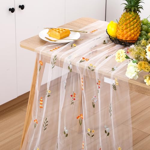 Boao 1 Pc Wildflower Table Runner Embroidery Tulle Spring Summer Table Runner 120 Inch 10 ft Kitchen Dining Decoration for Wedding Baby Shower Bridal Shower Home Decor Birthday Party (Ivory) - color: Ivory, size: Wildflower