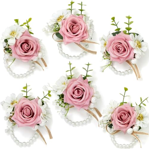 Serwalin 6 PCS Pink Rose Wrist Corsage for Wedding, Corsage for Prom Homecoming Party Corsage Hand Decor for Bride Bridesmaids, Mother of Bride and Groom - color: Pink, size: Corsage 6pcs