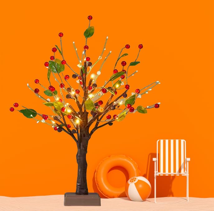 Artificial Mini Christmas Tree Light up Tabletop Xmas Tree with Red Berry and Green Leaves Table Decoration Light for Tabletop Centerpiece Christmas Decorations Indoor Home Decor - style: Red Fruit Christmas Tree