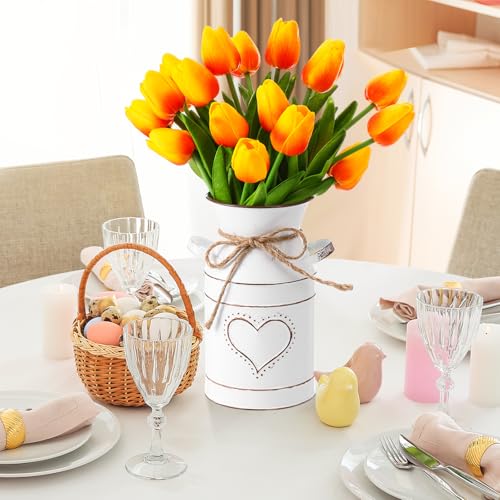 Uiifan 19 Pcs Spring Easter Centerpieces for Tables Home Office Decoration 18 Fake Artificial Tulip Flower Faux Realistic PU Bouquet with 1 Metal Pot Vase for Wedding Baby Shower(Sunset Red) - color: Sunset Red