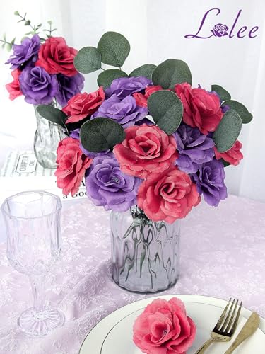 LELEE 108pcs Roses Head Flowers with Stem, Purple & Red Artificial Cemetery Flowers Rose Bulk, Violet Silk Rose for Flower Arrangements Spring Gravesite Funeral Bouquets Memorial Grave Decor - color: Wine-purple