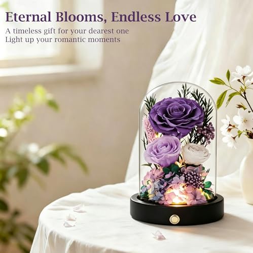 Preserved Flowers in Glass Dome, Purple Forever Roses for Delivery,Eternal Roses Valentines Day Gifts for Wife, Anniversary Birthday Gifts for Women Mom Girlfriend - color: New Purple