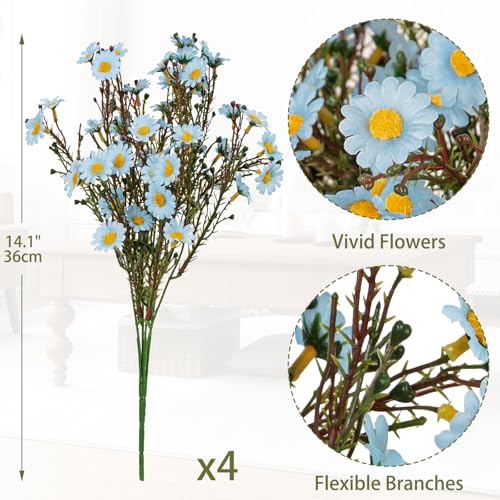 UV Resistant Blue Daisy Artificial Flowers Lush 4 Bouquets Silk Fake Daisies, 14" UV Protected Faux Daisy Flowers for Indoor & Outdoor Vase, Planter, Floral Arrangements, Centerpieces, Wedding Decor - color: Blue