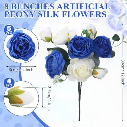 Yunsailing 8 Pack Artificial Peony Flowers Faux Silk Hydrangea Bouquet Wedding Home Table Decor Reusable Bouquet of Rose Flower for Birthday Wedding(Royal Blue and White) - color: Royal Blue and White, style: Peony