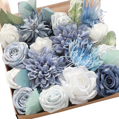Floroom Dusty Blue Powder Blue Artificial Flowers Fake Roses Dahlias and Greenery Combo Box Set for DIY Wedding Bouquets Bridal Shower Centerpieces Floral Arrangements Party Tables Home Decorations - color: Frosted Dusty Blue