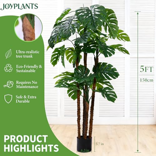 5FT Artificial Monstera,Fake Swiss Cheese Plants Faux Tropical with Bark and Black Pot for Indoor Outdoor Office Living Room Home Decor - color: Monstera 5ft, size: 5ft