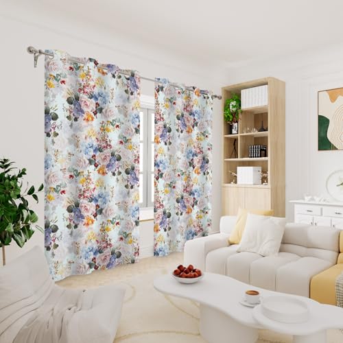 Renaiss Flower Blossom Curtains Watercolor Floral Painting Thermal Insulated Window Curtains for Living Room Bedroom Blackout Window Drapes Grommet Top 29W x 45L Inch 2 Panel Set - color: Watercolor, size: 29"W x 45"L (Pack of 2)