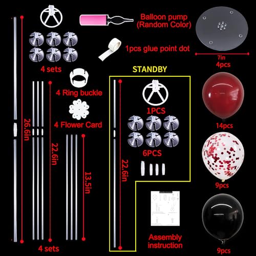 TONIFUL 4 Set Wine Red and Black Balloon Centerpieces for Table,Balloon Stand Kit for Black Red Party Decor 2026 Graduation,Wedding,Chinese New Year,Retirement,Halloween,Birthday Party Decorations - color: Black Wine Red Confetti