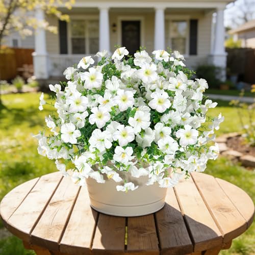 ICX 12pcs Artificial Flowers Fake Plants for Outdoors Decoration-White | Fake Silk Morning Glory Realistic UV Resistant Flowers for Outside for Pot, Front Door Porch Yard Patio Hanging Basket - color: 12pcs-mixed White