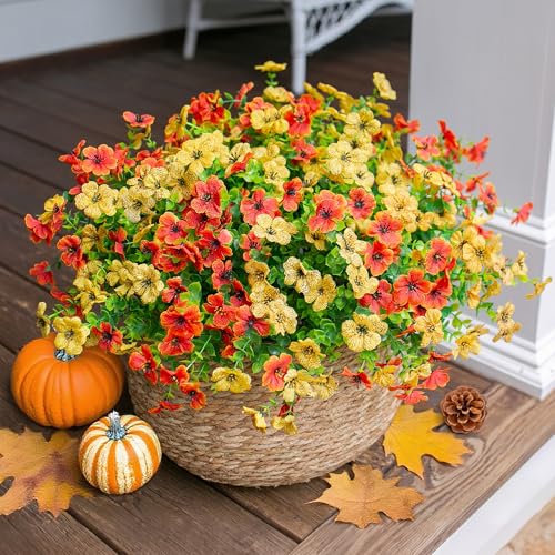 Ivydale Fall Flowers Artificial for Decoration Outdoors Fake Mums 12 Bundles Faux Planters UV Resistant Look Real for Autumn Home Porch Patio Garden Yard, Orange Yellow - color: Orange Yellow(green Leaves)