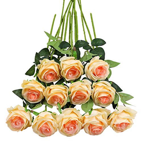 Tifuly Champagne Roses Artificial Flowers - 12 pcs Realistic Single Long Stem Fake Silk Roses Bouquet for Party Home Wedding Centerpiece Office DIY Decor - color: Gradient Champagne