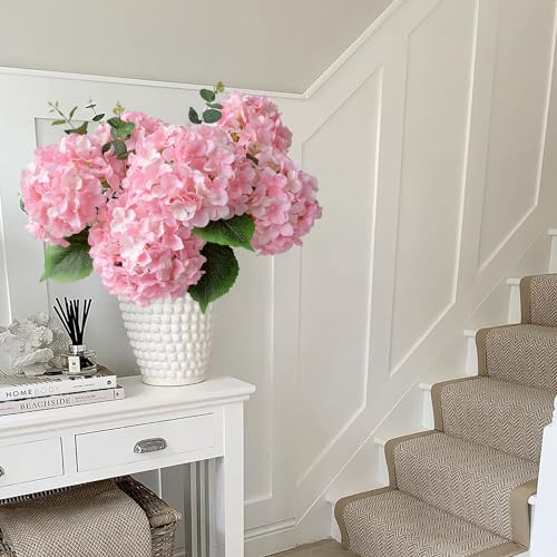 JINWOE Light Pink Flowers Silk Artificial Hydrangeas, 5Pcs 20Inch Lifelike Large Flowers with Stems, Full Artificial Flowers for Wedding Bouquet Table Centerpieces Spring Home - color: Light Pink