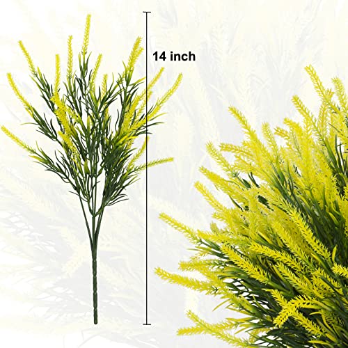 12 Bundles Fake Outdoor Flowers UV Resistant Plants Artificial Lavender Faux Plastic Shrubs Window Box Garden Porch Home Decor (Yellow) - color: Yellow