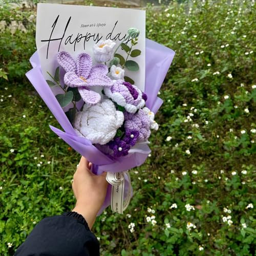 Completed Purple Crochet Flowers Bouquet, Handmade Knitted Bouquet, Crochet Artificial Flowers for Mother's Day Birthday, Wedding Home Decor, Gifts for Mom (Purple Tulip) - style: Purple Tulip & Rose