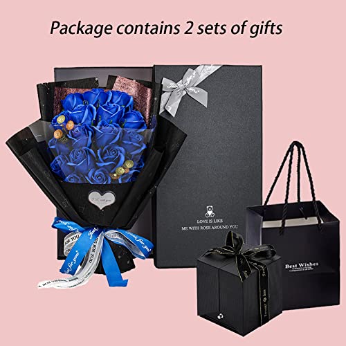 EIGHTOWN Roses Bouquet Artificial Flower - Preserved Blue Rose Flowers with Love Necklace for Her - Unique Gifts Valentine's Day, Mother's Day, Thanksgiving, Birthday, Anniversary - color: Blue Maggie