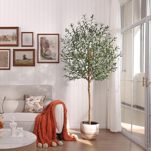 VeriNatural Artificial Olive Tree 7ft–Faux Plants Indoor Fake Tree with High Leaf Density,Silk Leaves,Real Wood Trunk–Large Green Artificial Plant Decor for Home Living Room Office,VN356 - size: 7ft