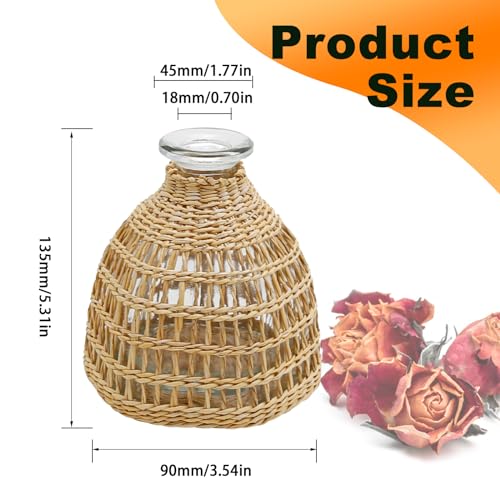 Flower Vases with Rattan Cover, Straw Woven Glass Vase, Rattan Woven Vase Decorative, Glass Flower Vase, Boho Glass Flower Vase, Vase for Home Flower Arrangement Table Decoration, 5.3''X3.5'',D Style - size: 5.3IN