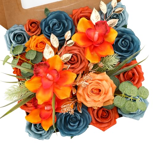 Floweroyal Artificial Flowers Combo Orange Flowers Mix Silk Flowers Fake Roses with Stems for DIY Wedding Bridal Bouquets, Baby Shower, Floral Arrangement, Table Centerpieces, Home Decorations - color: Peacock Blue & Orange