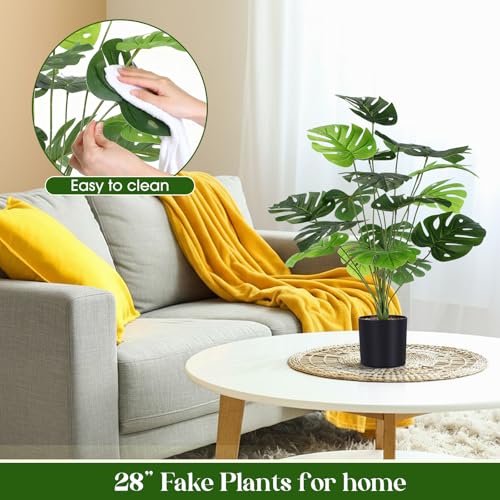 Giegxin 4 Pack Fake Plants 28'' Large Tall Artificial Monstera Faux Potted Tropical Faux Monstera Plants 18 Decorative Split Leaves Sage Green for Indoor Outdoor Front Porch Home Tree Decor