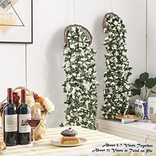 PONKING 8 Pcs x 8.2 ft Flower Garland Artificial Rose Vine Flowers with Green Leaves Hanging Fake Roses Vine for Room Party Home Wedding Birthday Christmas Wall Arch Decor, Spring White Flower - color: Spring-white-8pcs, size: 8 Vines 66FT