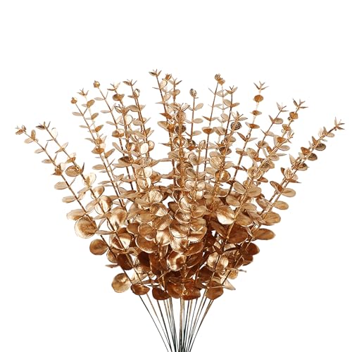 ABAJI Plastic Eucalyptus Golden Stems 12 Fake Faux Decorations Artificial Leaves Greenery Plant Leaf Home Office House Table Desk Decor Wedding Party Vase Forever Live - color: Golden