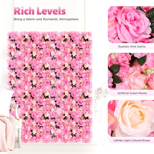 DNYSYSJ Flower Wall 12PCS 23.62" x 15.75" x 0.79" Flower Backdrop Lifelike Dark Pink Rose Peony Flower Panel Deep Pink Silk Fabric Floral Wall Mat Deep for Garden Patio Wedding Indoor Outdoor Decor - color: Dark Pink, size: 12 pieces