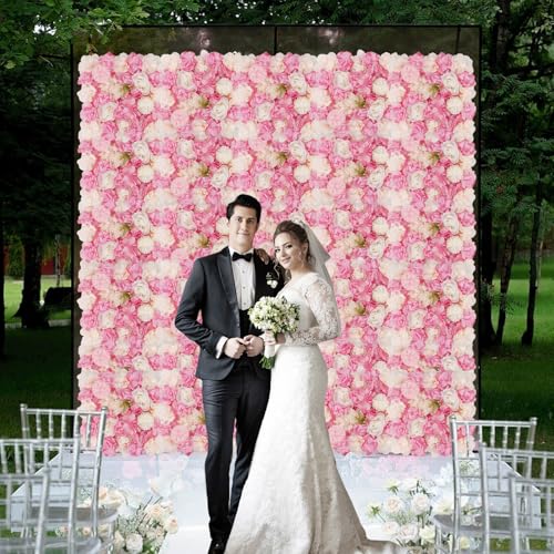 3D Flower Wall Backdrop - 12Pcs 15×15 Inch Artificial Rose Panels Pink & White Silk Floral Decor for Home Party Wedding Anniversary Birthday Photographic Studio Background & Decorative Fences - color: Pink and White, size: 12PCS-15x15