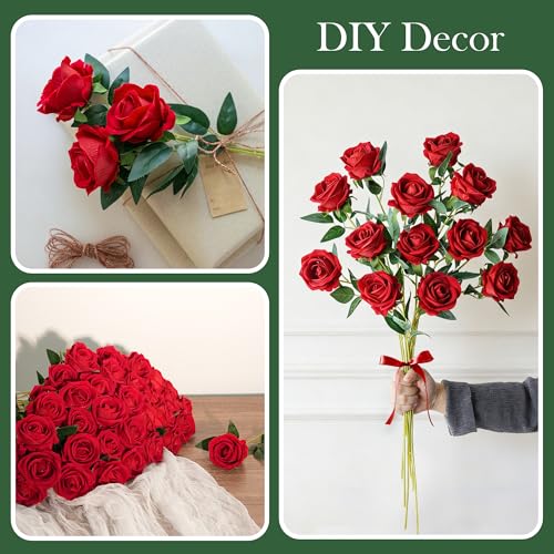50 PCS Red Roses Artificial Flowers, Real Looking Fake Roses with Long Stems Silk Flowers for DIY Wedding Bouquet Party Celebration Home Bridal Baby Shower Decoration Birthday Gift for Her Wife - color: Red