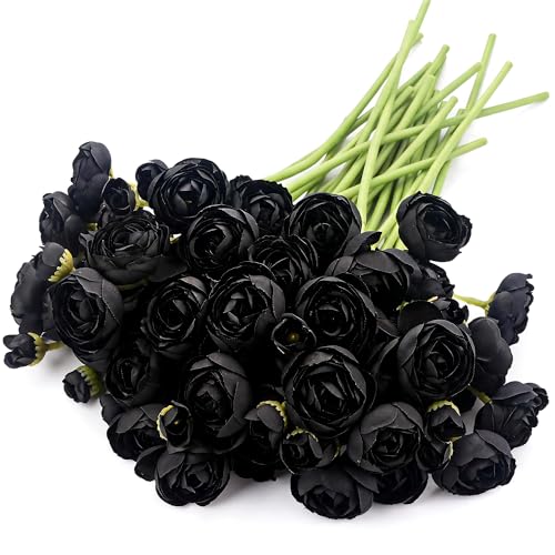 24 Stems Artificial Ranunculus Flowers, 96 Bloom Faux Silk Ranunculus Bouquet for Wedding Decorations, Home Décor, Holiday Arrangements & Large Event Centerpieces (Black) - color: Black