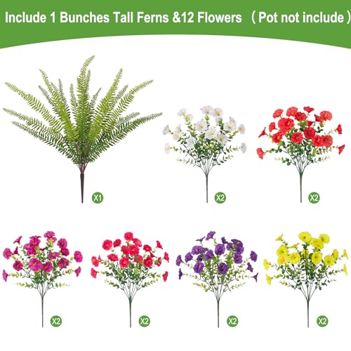 Hrobek Artificial Flowers for Outdoors Faux Plants Outside Indoor,UV Resistant Silk Fake Morning Glory Tall Ferns for Home Patio Garden Yard Front Porch Decor (13 Bunches,7 Multi Colors) - color: 7 Color Mixed (2 Purple,2 Light Purple,2 Fuchsia,2 White,2