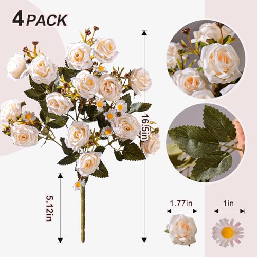 Artificial Rose Flowers for Outdoor 4 Bundles Rose Bouquet with Daisy Faux Flowers UV Resistant for Home Indoor Outside Garden Porch Window Box Balcony Yard Porch Fall Decor (White) - color: White