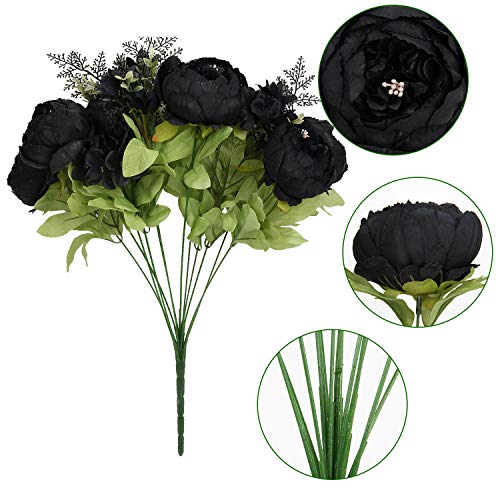 Halloween Black Artificial Flowers Silk Peony Bouquet Vintage Artificial Peonies Flower for Home Wedding Party Decor (1pcs, Black) - color: Black