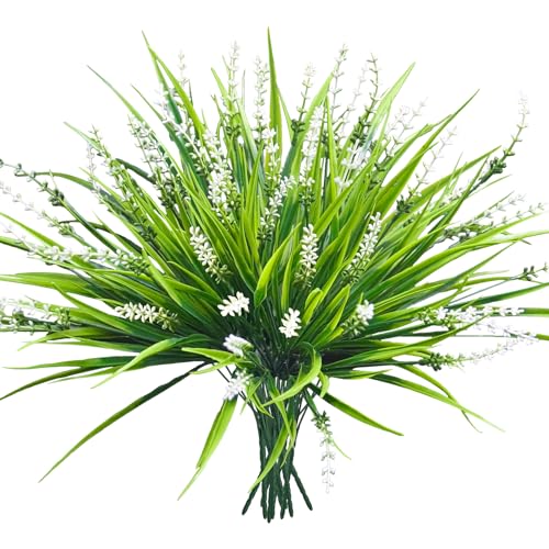 10 Pcs Artificial Plants Outdoor, UV Resistant Fake Outdoor Flowers Plants Faux Plastic Monkey Grass for Outside Front Porch Garden Window Box Home Office Planters Desk Decor (White) - color: White, size: 10pcs