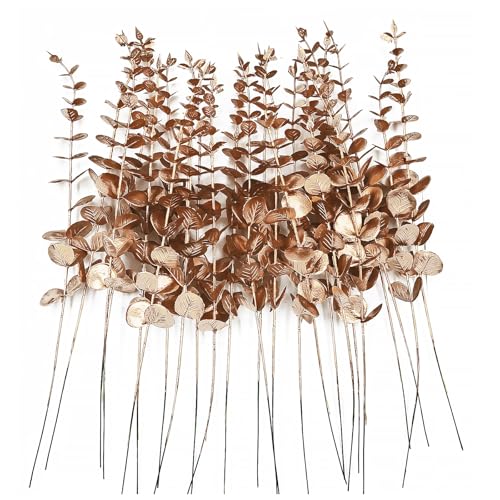 ABAJI 24PCS Eucalyptus Stems Plastic Vivid Leaf Decorations Artificial Leaves Fake Faux Greenery Plant for Home Office House Table Desk Decor Wedding or Party Vase Forever Live - color: Golden